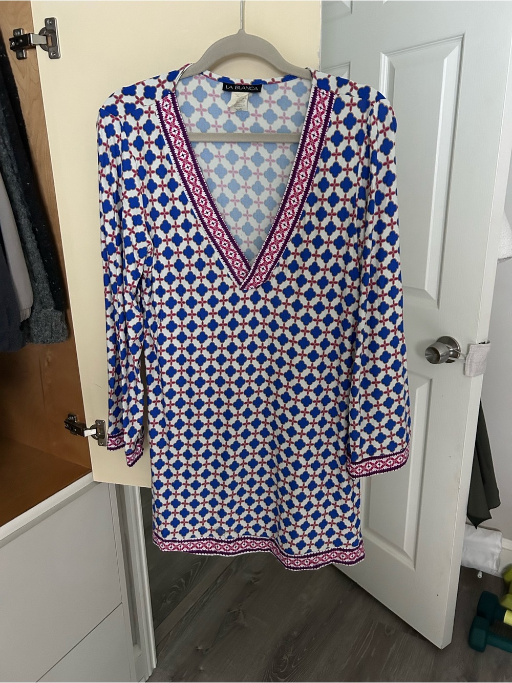 Nordstrom La Blanca blue and pink patterned swim cover up with bell sleeves